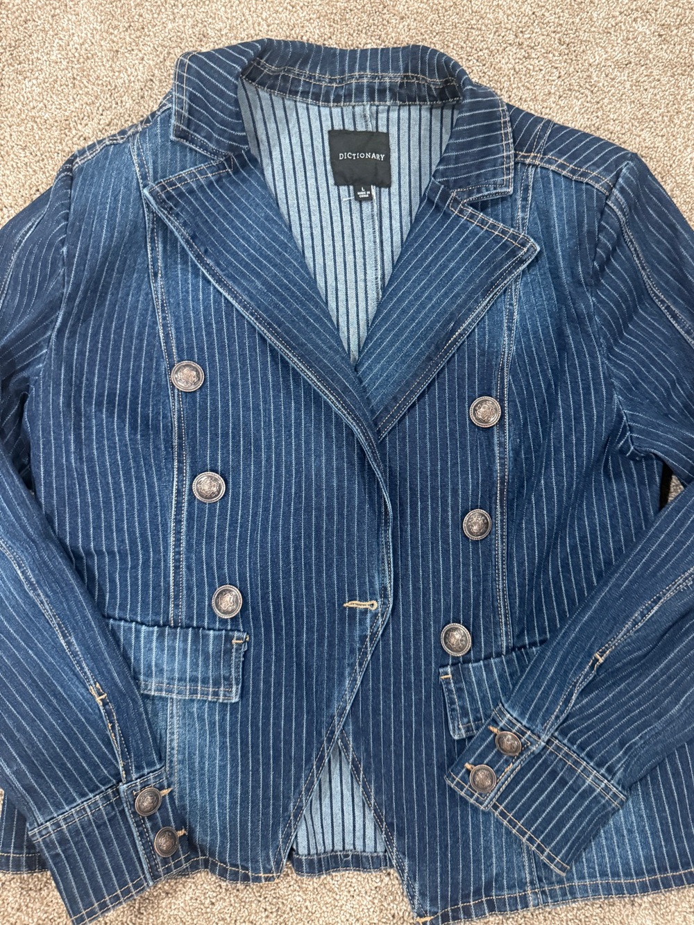 Dictionary Blue Pinstripe Double-Breasted Denim Blazer